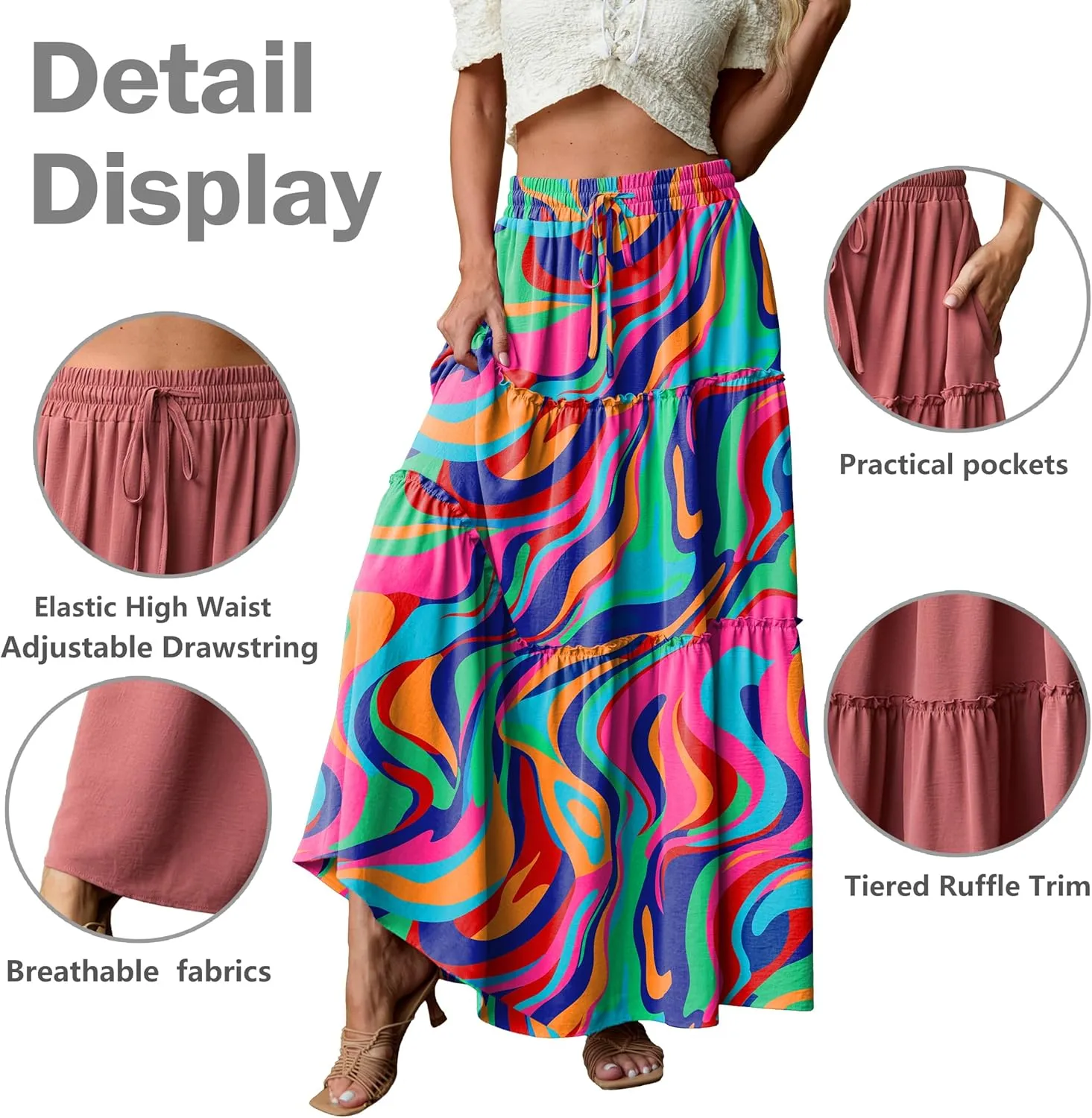 Lepunuo Womens Casual Boho High Waisted Flowy Maxi Skirts Trendy Floral Cute Long Skirts with Pockets