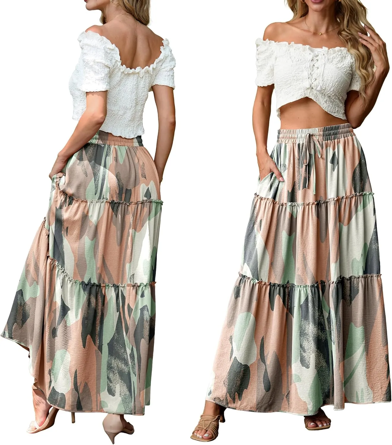 Lepunuo Womens Casual Boho High Waisted Flowy Maxi Skirts Trendy Floral Cute Long Skirts with Pockets