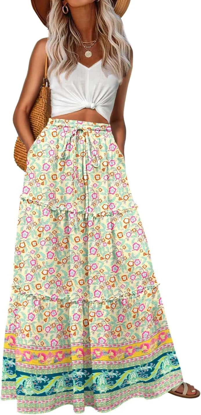 Lepunuo Womens Casual Boho High Waisted Flowy Maxi Skirts Trendy Floral Cute Long Skirts with Pockets