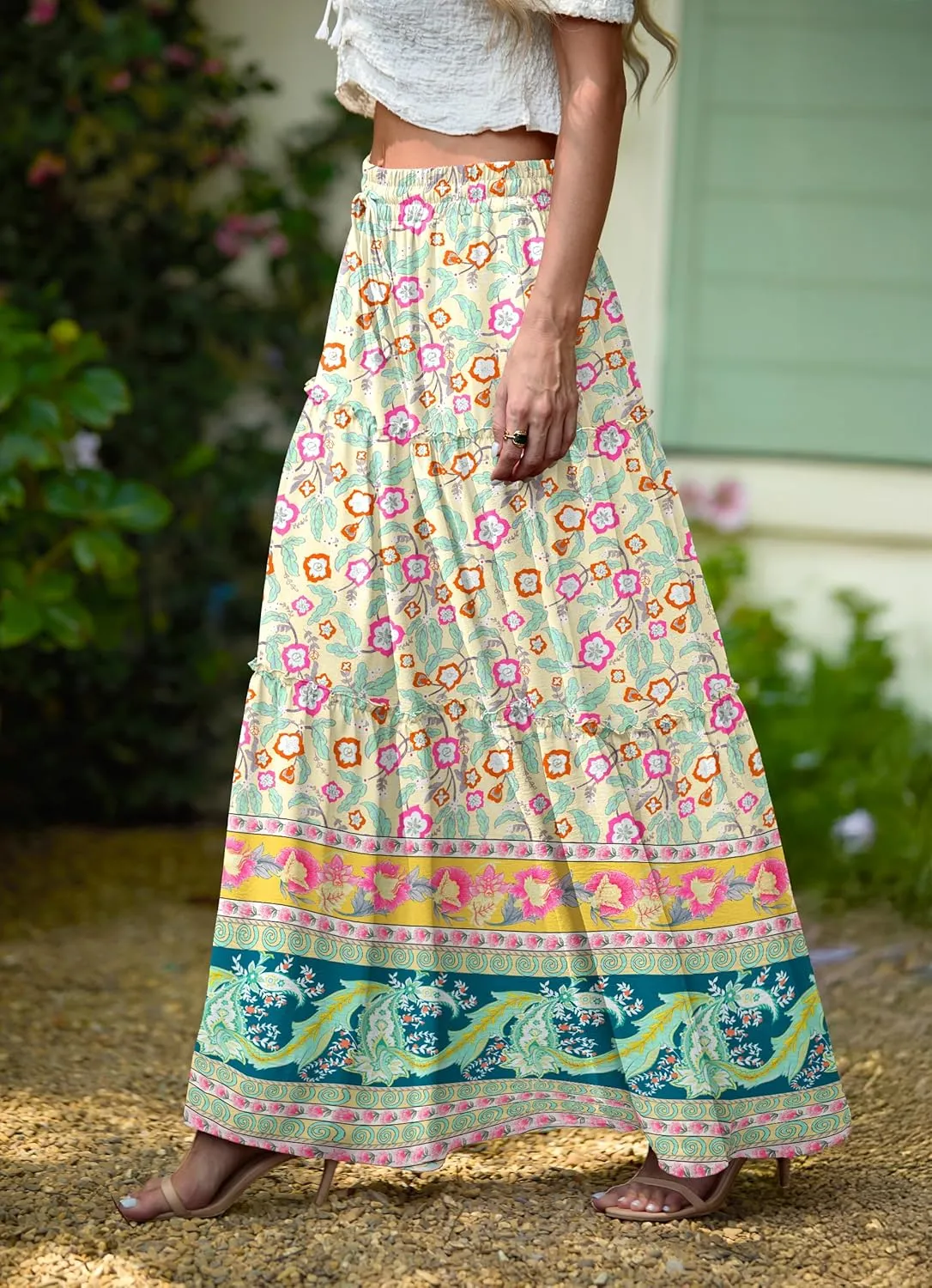 Lepunuo Womens Casual Boho High Waisted Flowy Maxi Skirts Trendy Floral Cute Long Skirts with Pockets
