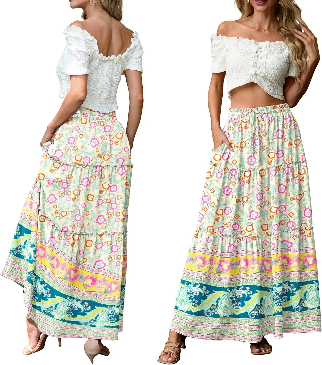 Lepunuo Womens Casual Boho High Waisted Flowy Maxi Skirts Trendy Floral Cute Long Skirts with Pockets