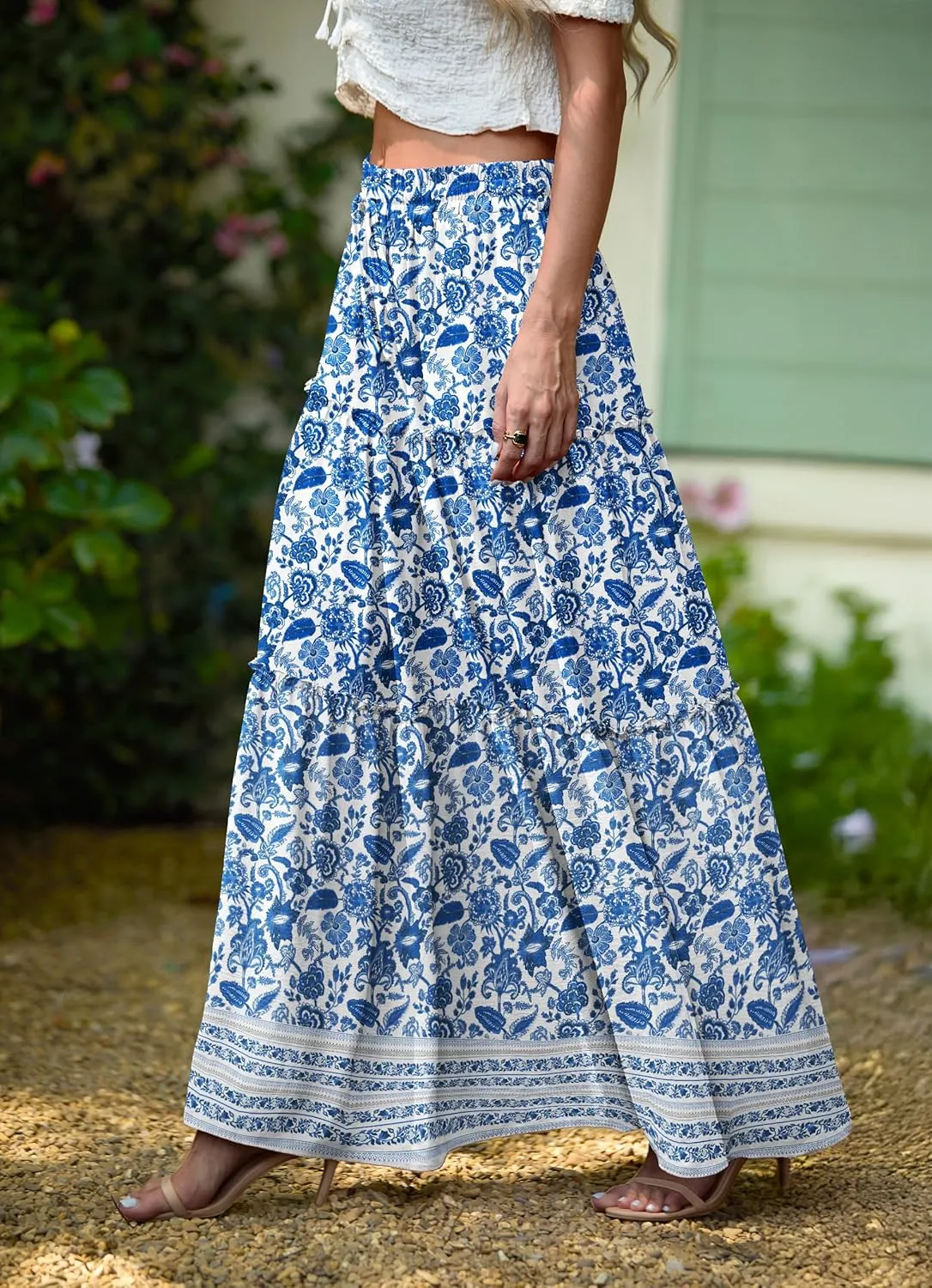 Lepunuo Womens Casual Boho High Waisted Flowy Maxi Skirts Trendy Floral Cute Long Skirts with Pockets