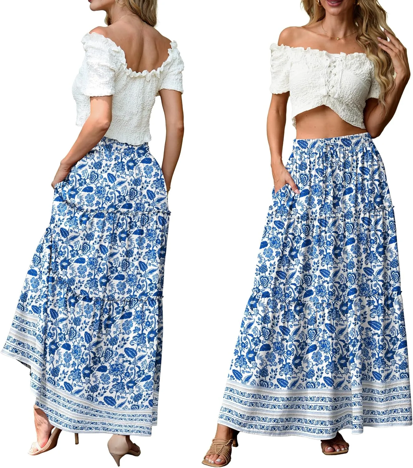 Lepunuo Womens Casual Boho High Waisted Flowy Maxi Skirts Trendy Floral Cute Long Skirts with Pockets