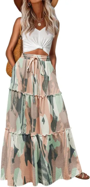 Lepunuo Womens Casual Boho High Waisted Flowy Maxi Skirts Trendy Floral Cute Long Skirts with Pockets