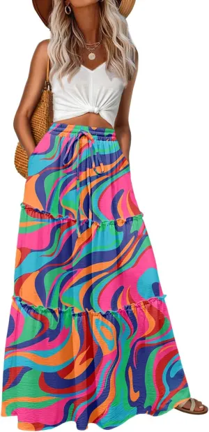 Lepunuo Womens Casual Boho High Waisted Flowy Maxi Skirts Trendy Floral Cute Long Skirts with Pockets