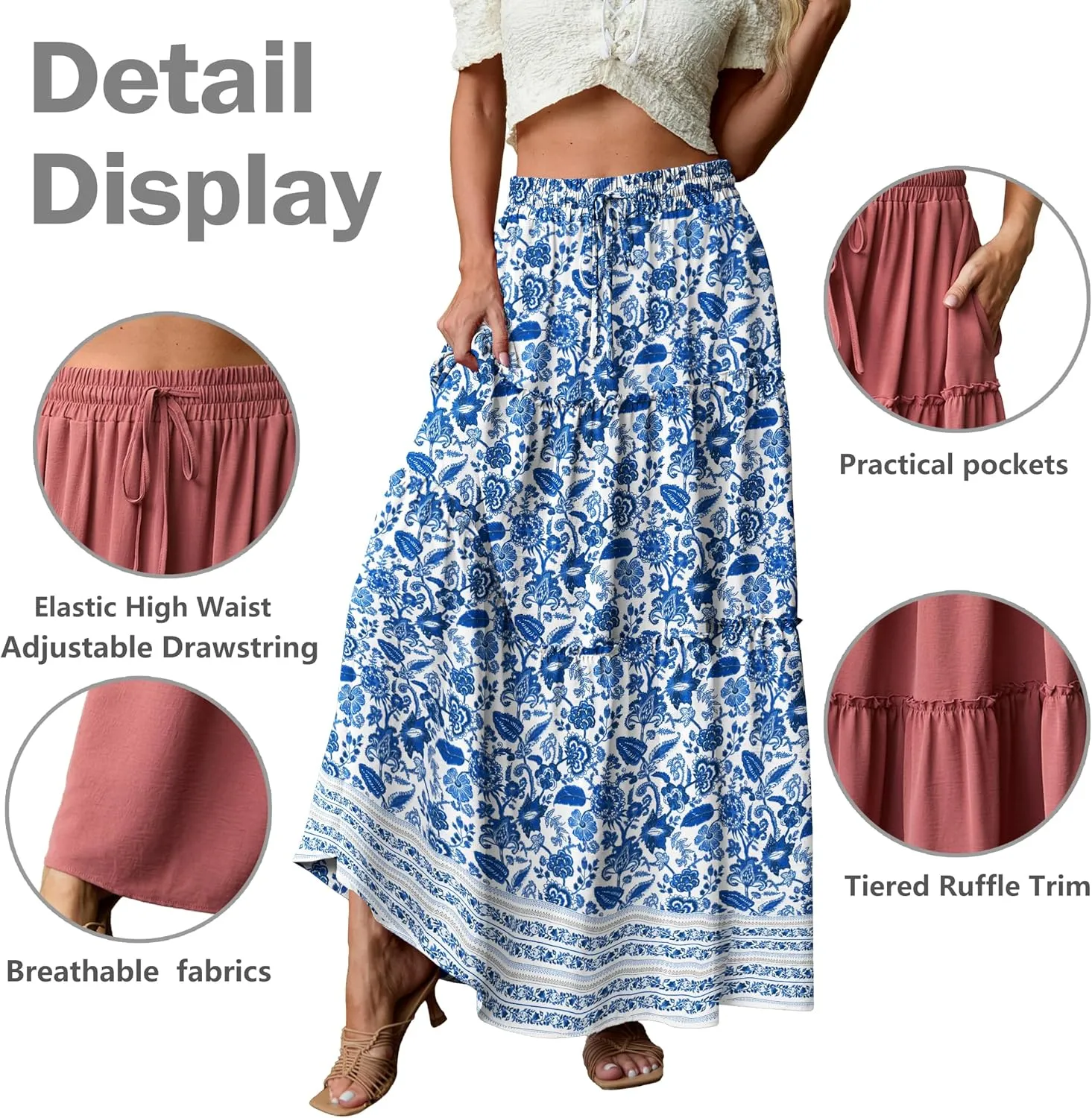 Lepunuo Womens Casual Boho High Waisted Flowy Maxi Skirts Trendy Floral Cute Long Skirts with Pockets