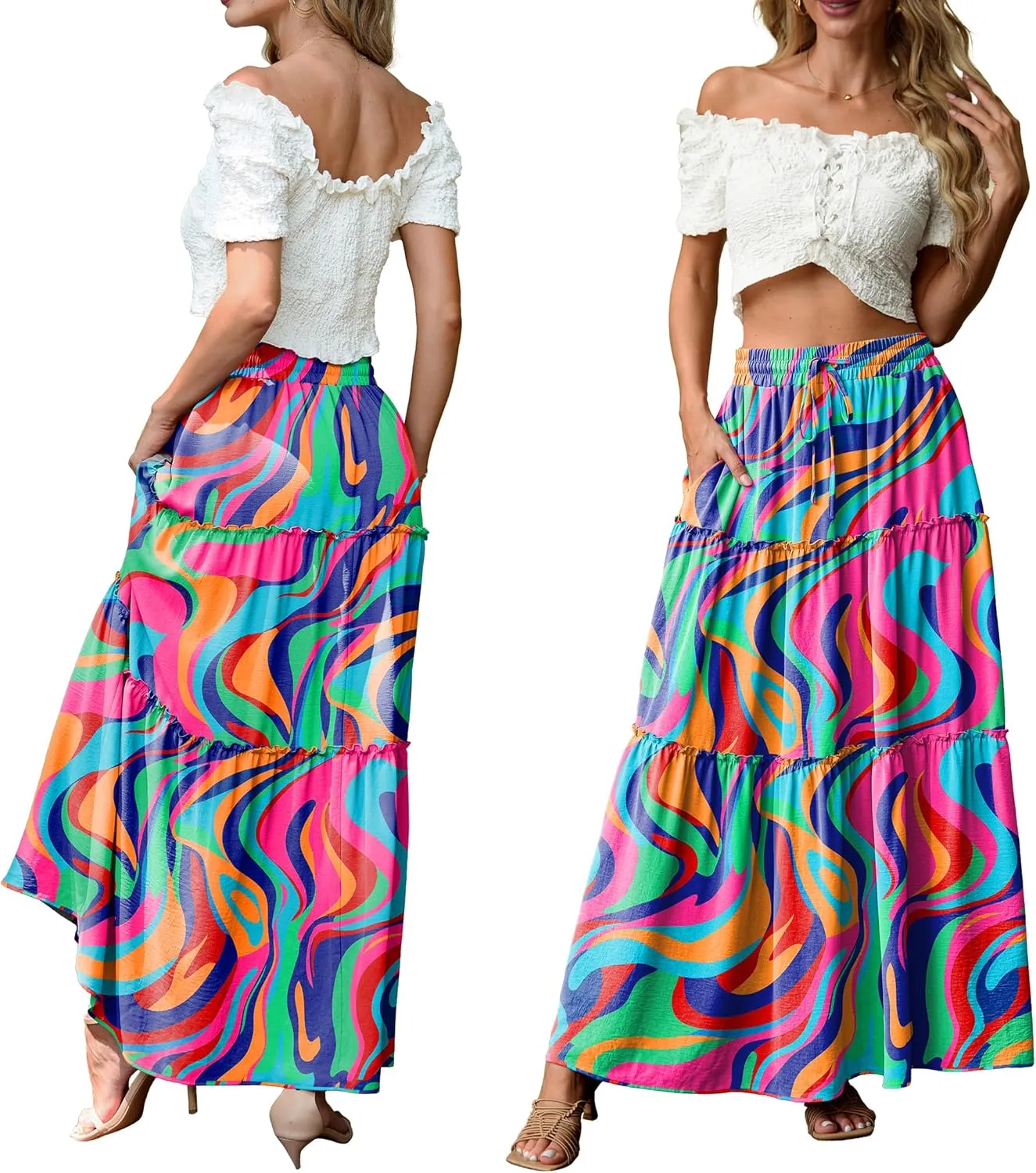 Lepunuo Womens Casual Boho High Waisted Flowy Maxi Skirts Trendy Floral Cute Long Skirts with Pockets
