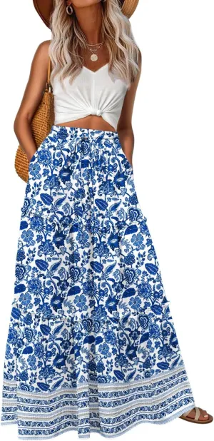 Lepunuo Womens Casual Boho High Waisted Flowy Maxi Skirts Trendy Floral Cute Long Skirts with Pockets