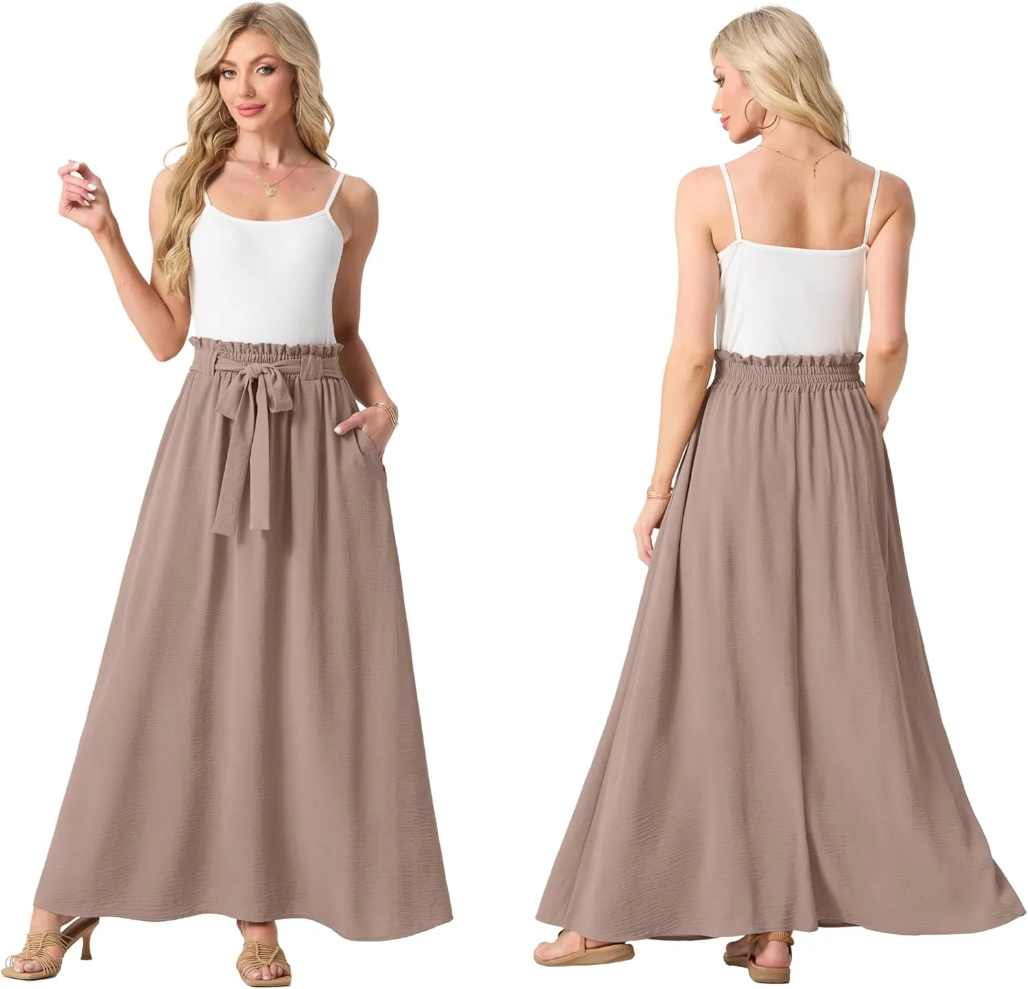 Lepunuo Womens Maxi Skirts Casual Boho Elastic High Waisted Flowy Long Skirts Trendy Floral Cute Skirts with Pockets
