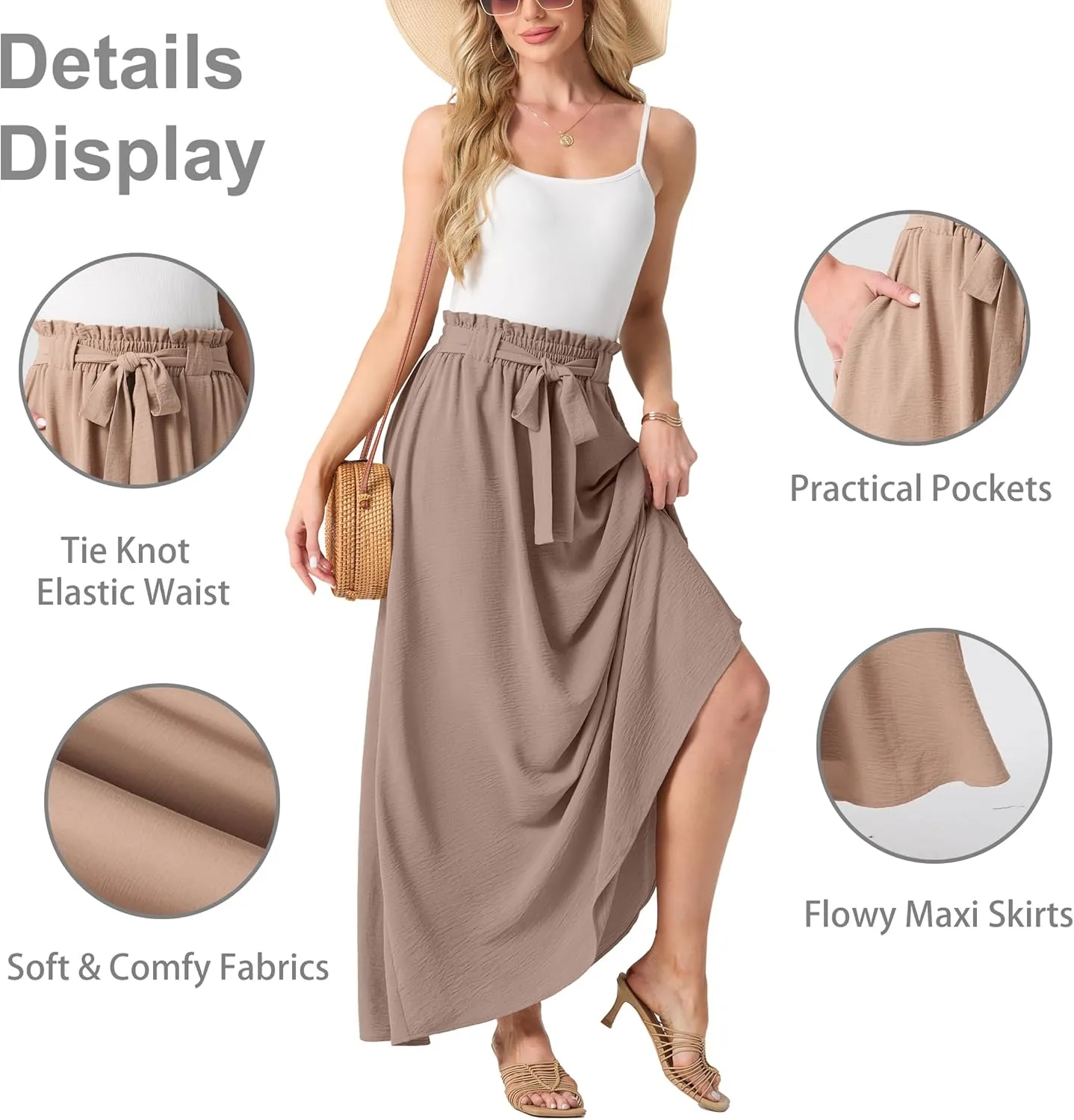 Lepunuo Womens Maxi Skirts Casual Boho Elastic High Waisted Flowy Long Skirts Trendy Floral Cute Skirts with Pockets