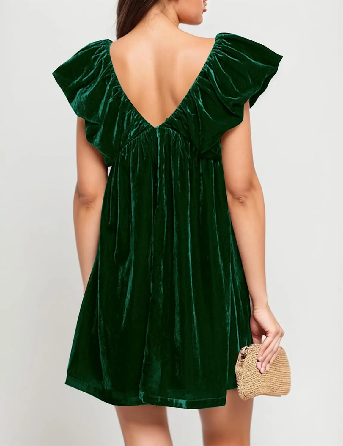 Livtany Women's Velvet Satin Bow Babydoll Dress V Neck Puff Sleeves Mini Dress Solid A Line Pleated Short Dress Party Club