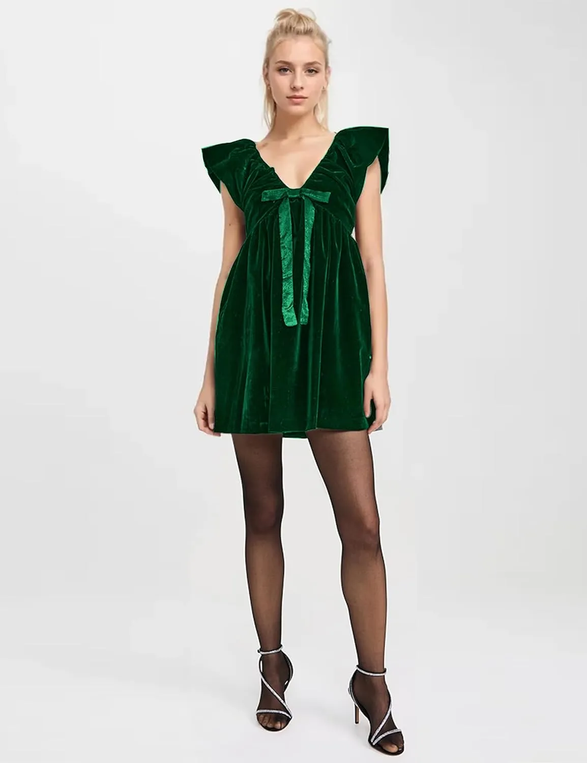 Livtany Women's Velvet Satin Bow Babydoll Dress V Neck Puff Sleeves Mini Dress Solid A Line Pleated Short Dress Party Club