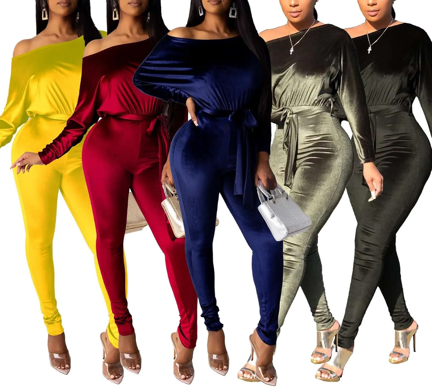 LKOUS Women Velvet Off Shoulder Jumpsuit Long Sleeve Bodycon Pants Suit One Piece Romper Party Clubwear with Belt