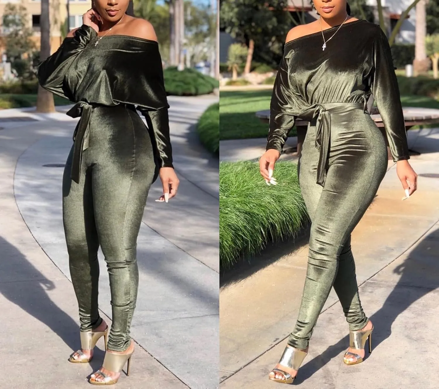 LKOUS Women Velvet Off Shoulder Jumpsuit Long Sleeve Bodycon Pants Suit One Piece Romper Party Clubwear with Belt