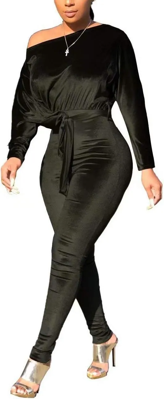 LKOUS Women Velvet Off Shoulder Jumpsuit Long Sleeve Bodycon Pants Suit One Piece Romper Party Clubwear with Belt
