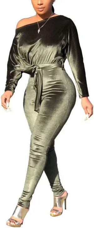 LKOUS Women Velvet Off Shoulder Jumpsuit Long Sleeve Bodycon Pants Suit One Piece Romper Party Clubwear with Belt