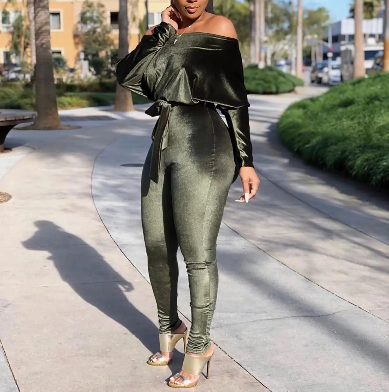 LKOUS Women Velvet Off Shoulder Jumpsuit Long Sleeve Bodycon Pants Suit One Piece Romper Party Clubwear with Belt