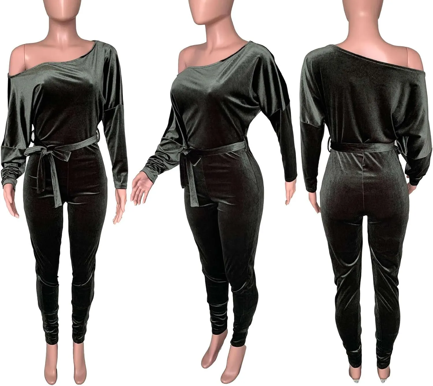 LKOUS Women Velvet Off Shoulder Jumpsuit Long Sleeve Bodycon Pants Suit One Piece Romper Party Clubwear with Belt