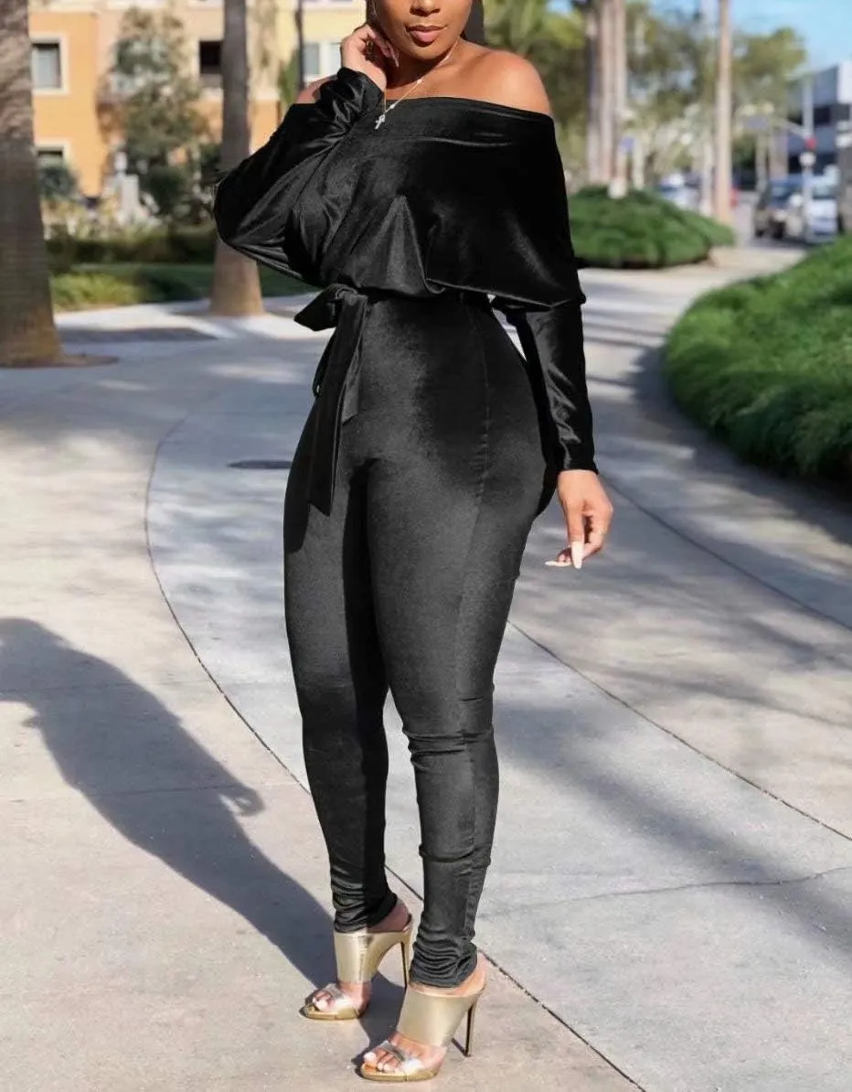 LKOUS Women Velvet Off Shoulder Jumpsuit Long Sleeve Bodycon Pants Suit One Piece Romper Party Clubwear with Belt