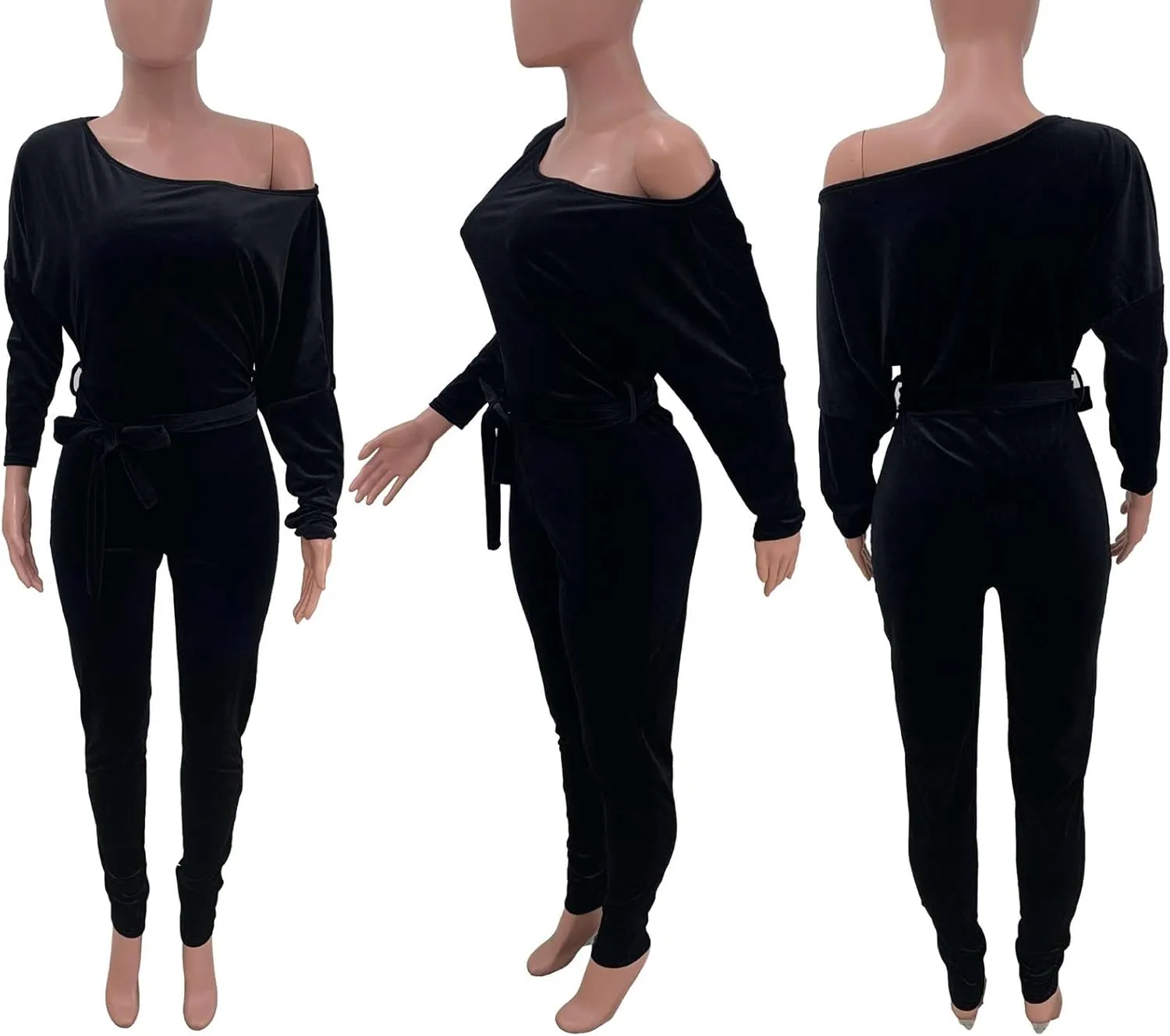 LKOUS Women Velvet Off Shoulder Jumpsuit Long Sleeve Bodycon Pants Suit One Piece Romper Party Clubwear with Belt