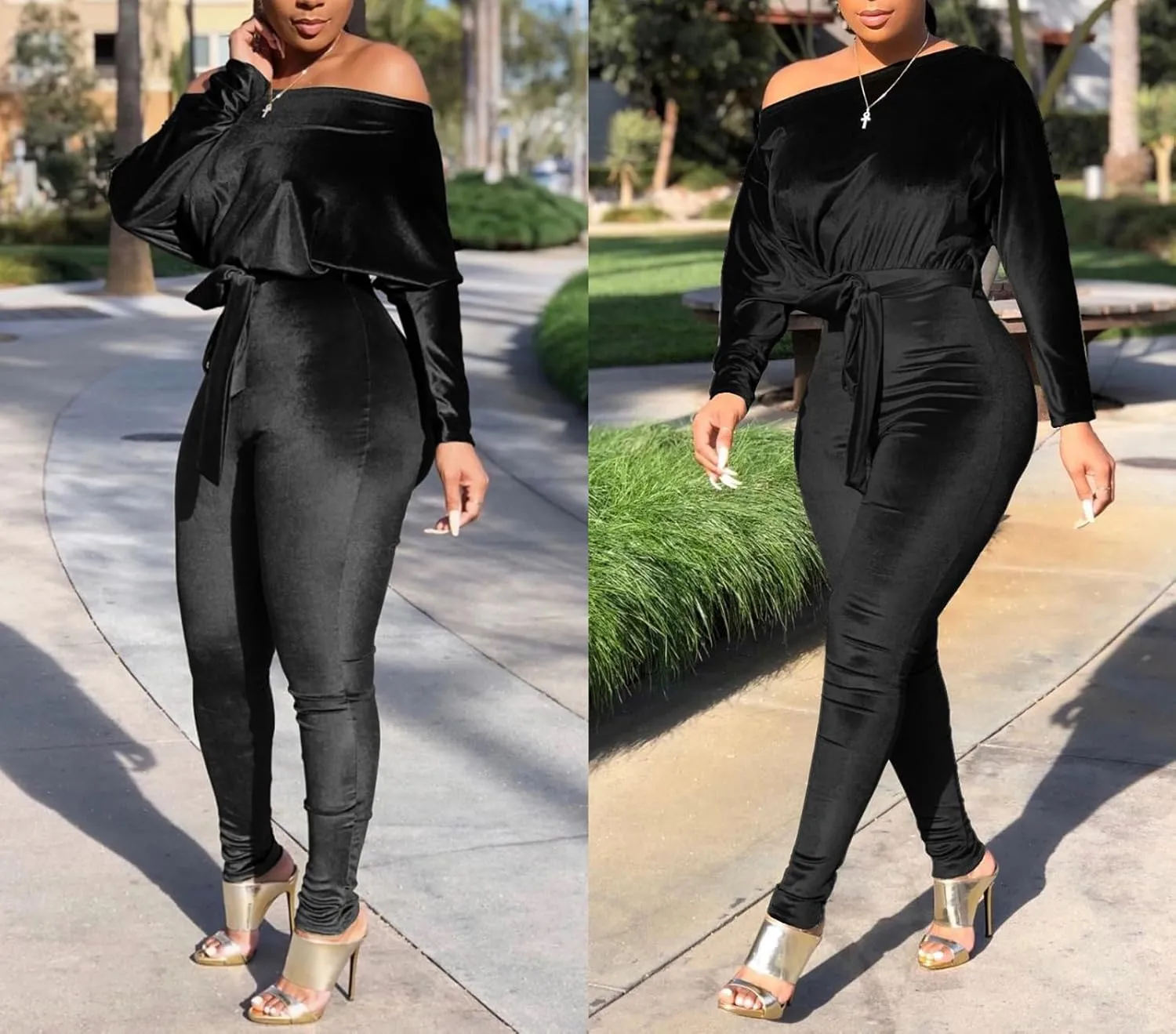 LKOUS Women Velvet Off Shoulder Jumpsuit Long Sleeve Bodycon Pants Suit One Piece Romper Party Clubwear with Belt