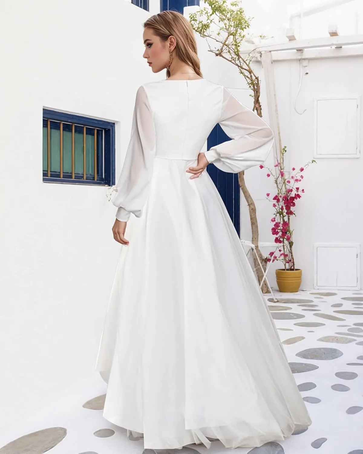 Long Sleeve Chiffon Off Shoulder White Plus Size Wedding Dress for Women Bridal Beach Dress