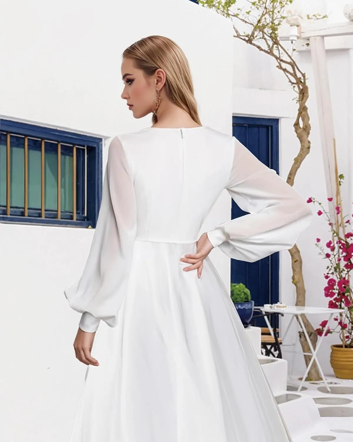 Long Sleeve Chiffon Off Shoulder White Plus Size Wedding Dress for Women Bridal Beach Dress