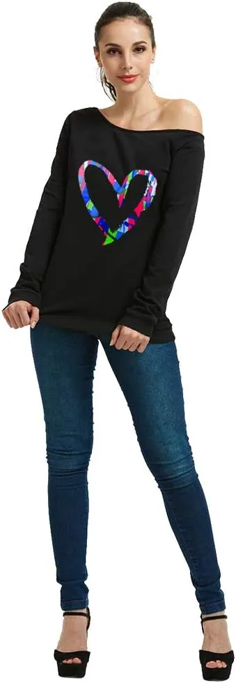 MAGICMK Womans Sweatershirt Lips Print Causal Blouse Off The Shoulder Long Sleeve Loose Slouchy Pullover Plus Size Tops