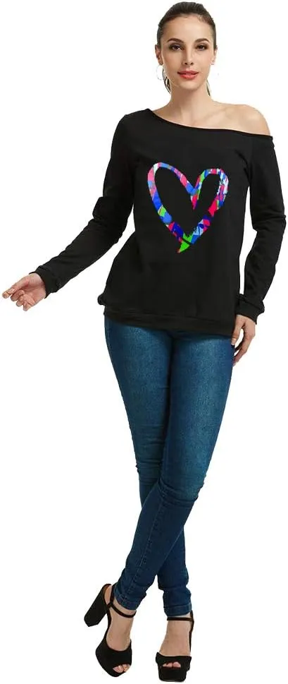 MAGICMK Womans Sweatershirt Lips Print Causal Blouse Off The Shoulder Long Sleeve Loose Slouchy Pullover Plus Size Tops