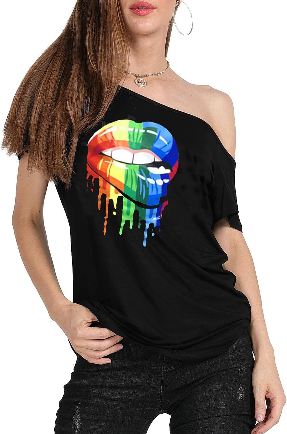 MAGICMK Womens Short Lips Print Causal Off The Shoulder Plus Size T-Shirt Tops
