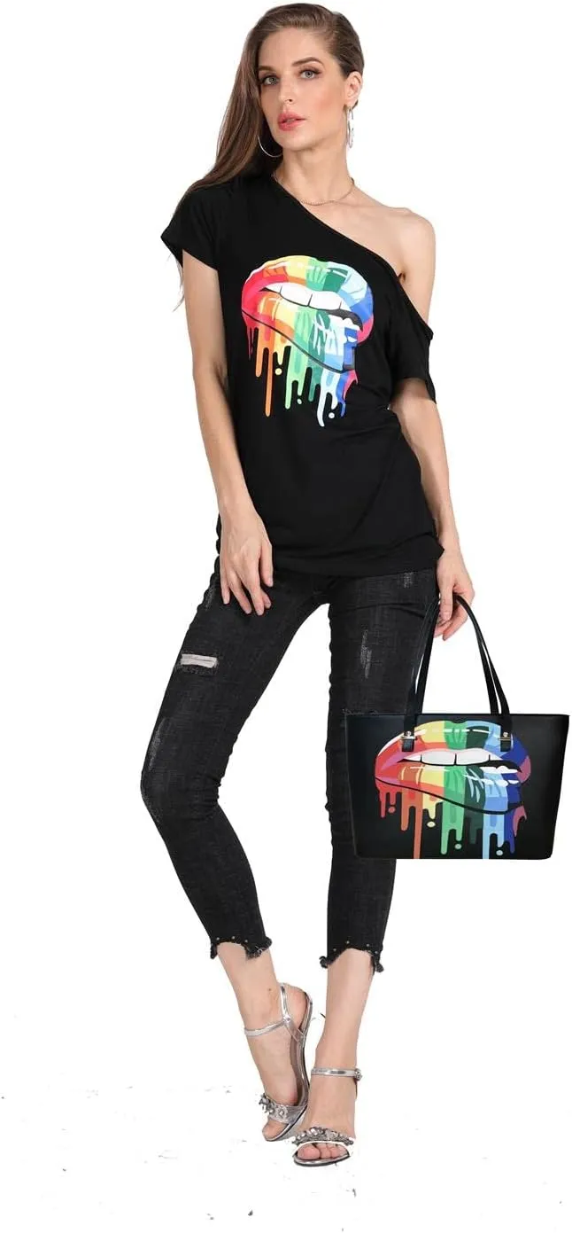 MAGICMK Womens Short Lips Print Causal Off The Shoulder Plus Size T-Shirt Tops