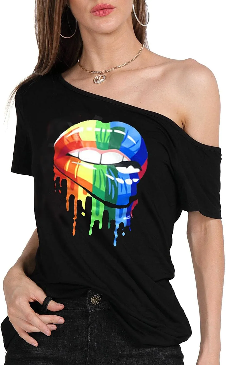 MAGICMK Womens Short Lips Print Causal Off The Shoulder Plus Size T-Shirt Tops
