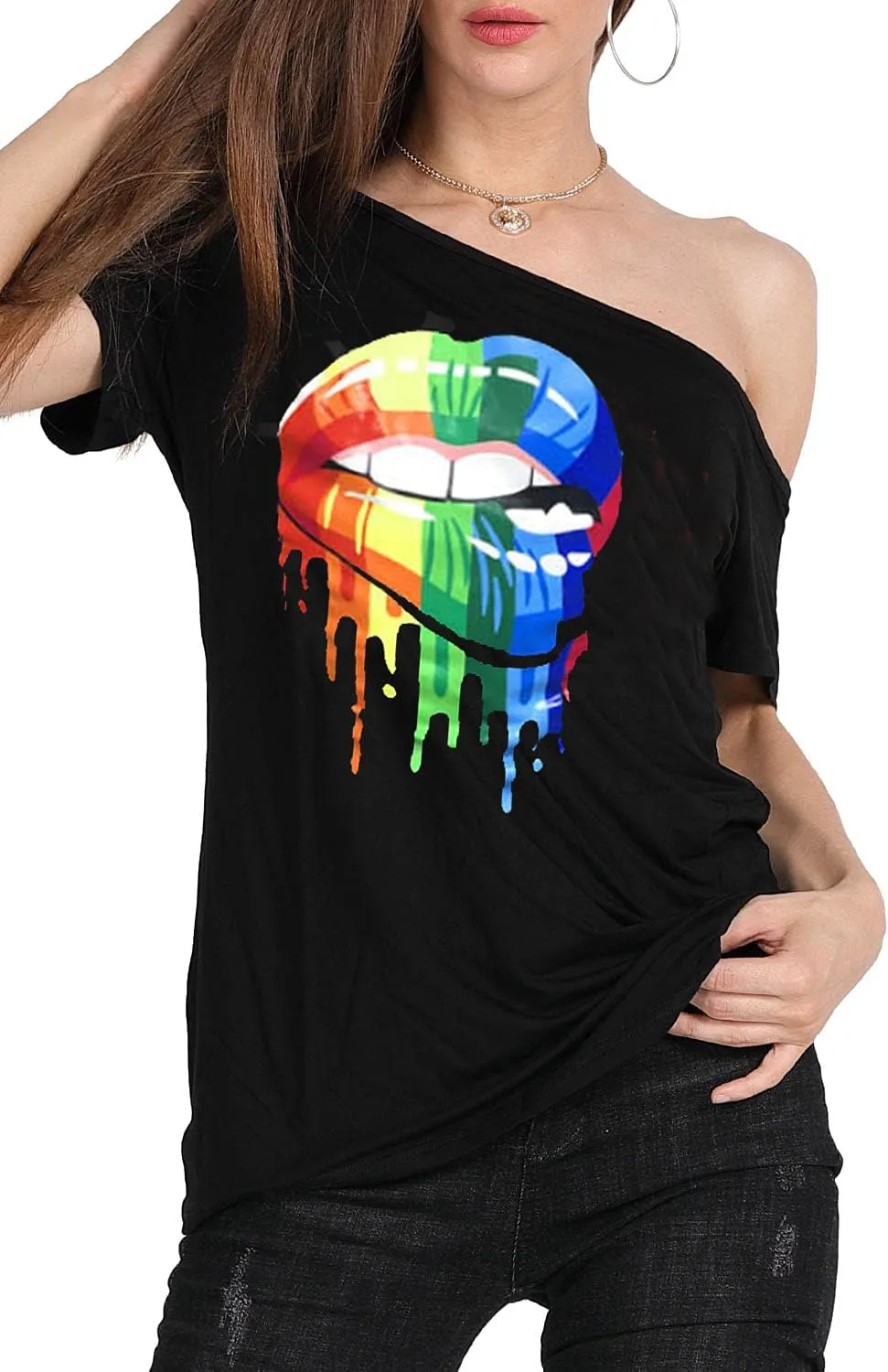 MAGICMK Womens Short Lips Print Causal Off The Shoulder Plus Size T-Shirt Tops