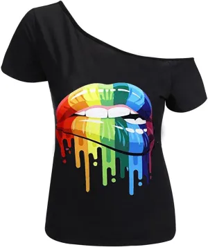 MAGICMK Womens Short Lips Print Causal Off The Shoulder Plus Size T-Shirt Tops