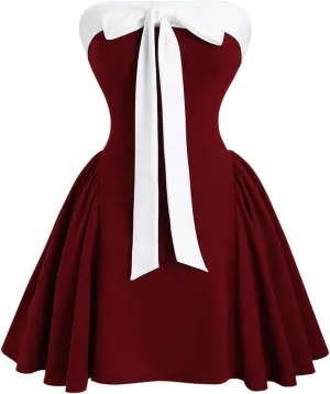 MakeMeChic Women's Bow Strapless Tube Dress Backless Ruffle A Line Flare Mini Dresses