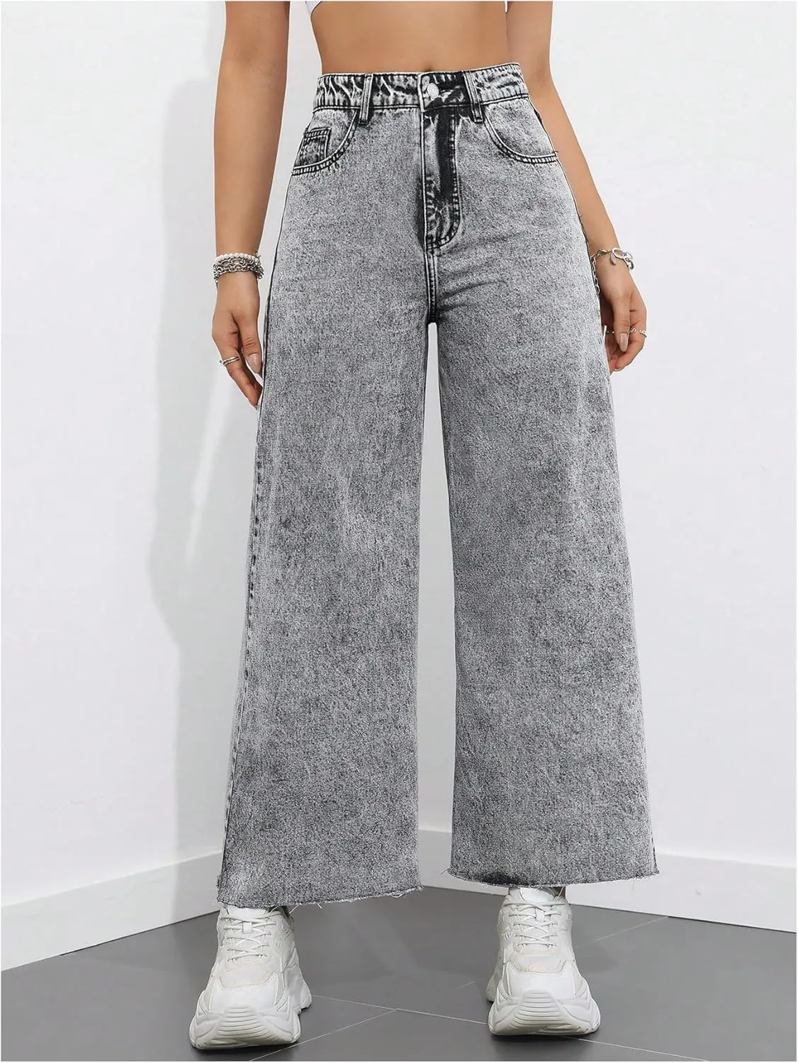 MakeMeChic Women's Denim Raw Wide Leg Trousers Straight Loose Baggy Y2K Jeans with Pocket