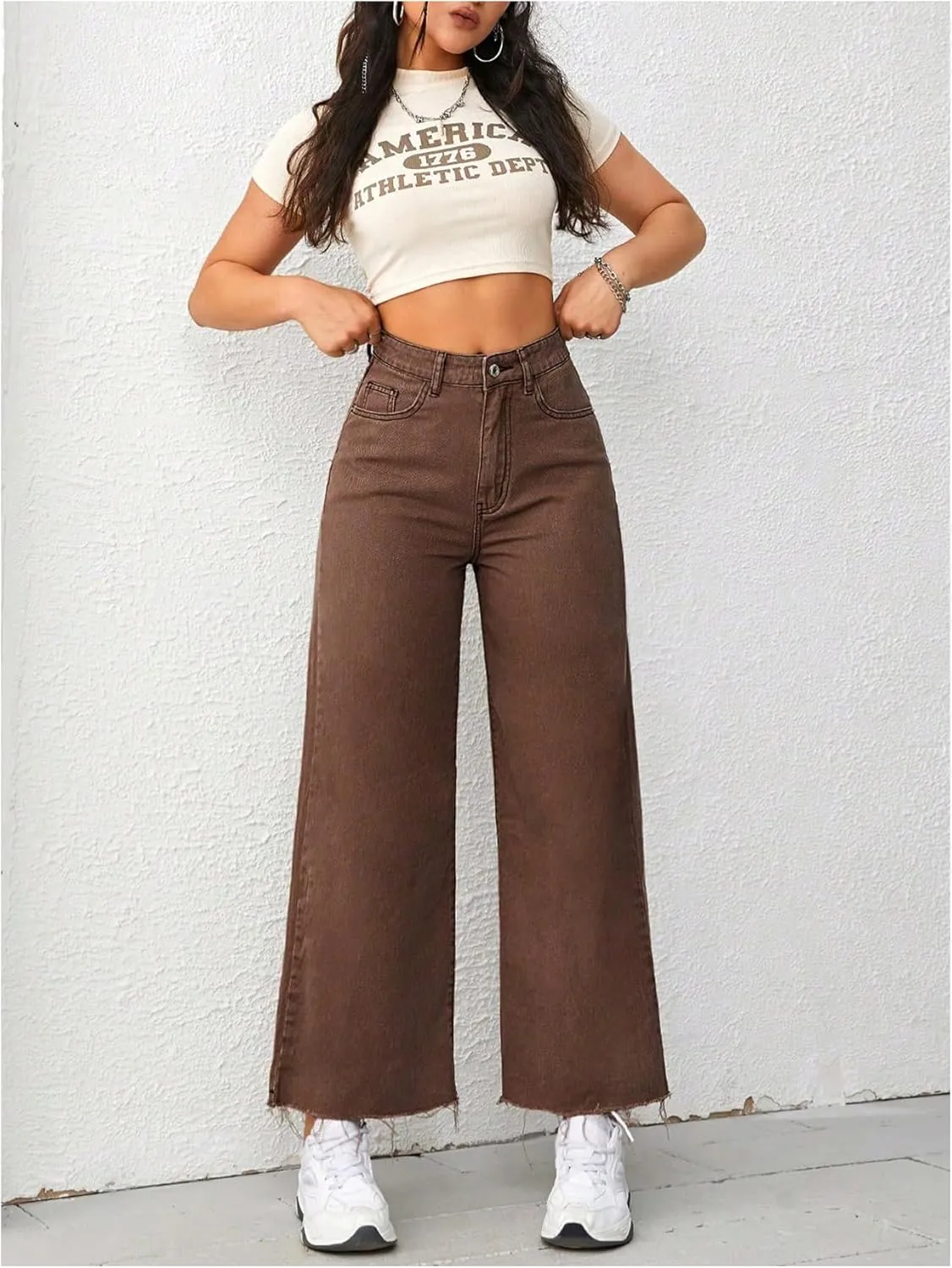 MakeMeChic Women's Denim Raw Wide Leg Trousers Straight Loose Baggy Y2K Jeans with Pocket