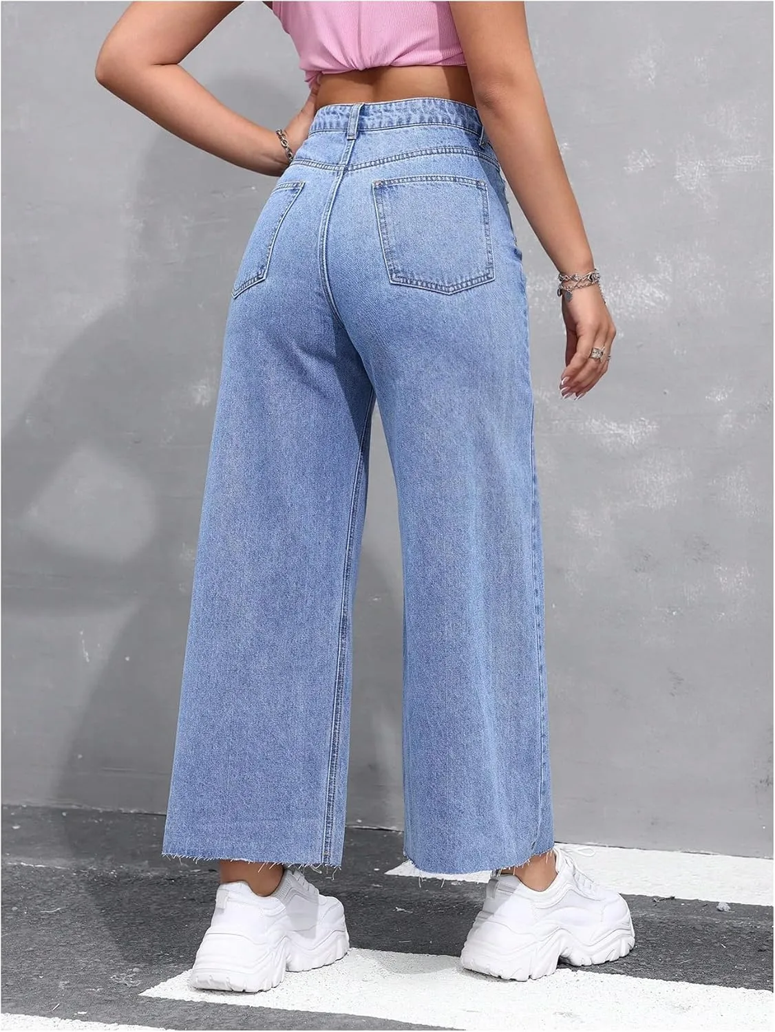 MakeMeChic Women's Denim Raw Wide Leg Trousers Straight Loose Baggy Y2K Jeans with Pocket