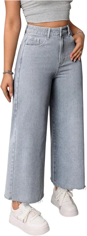 MakeMeChic Women's Denim Raw Wide Leg Trousers Straight Loose Baggy Y2K Jeans with Pocket