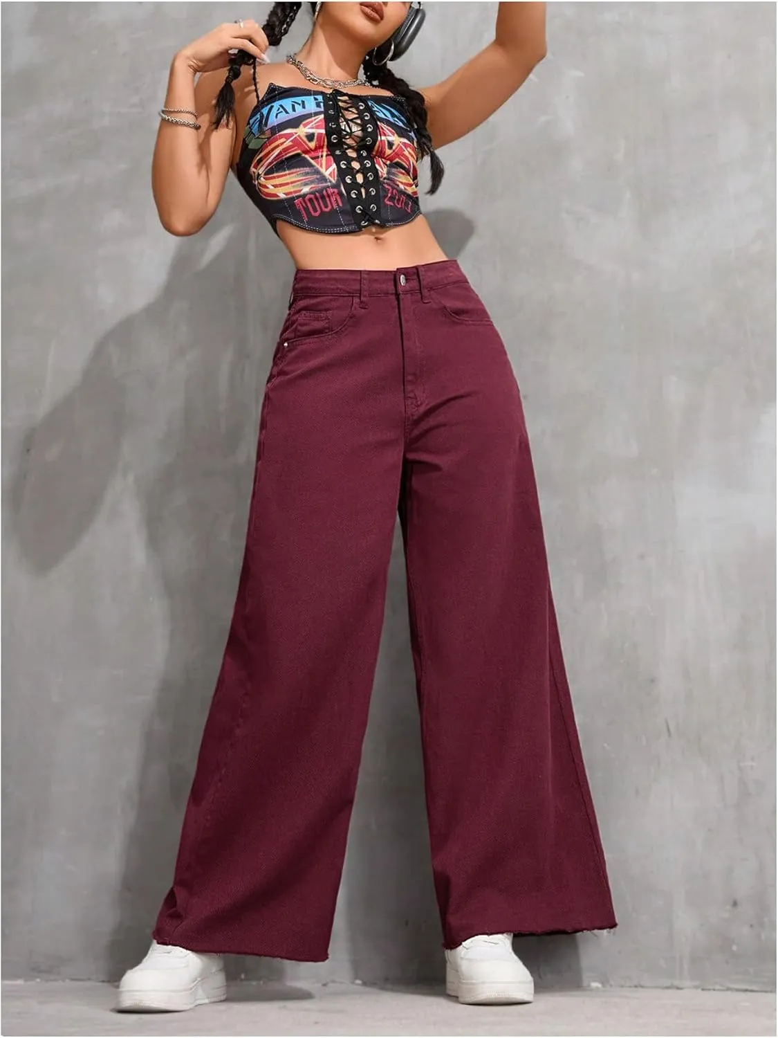 MakeMeChic Women's Denim Raw Wide Leg Trousers Straight Loose Baggy Y2K Jeans with Pocket