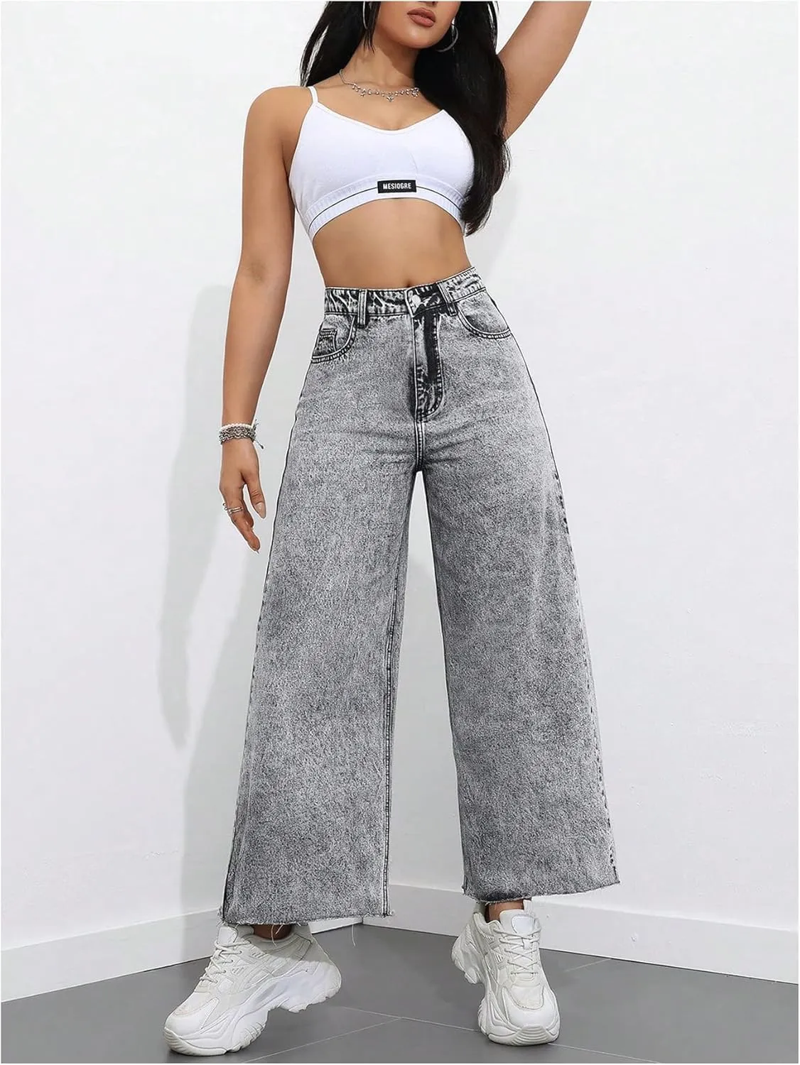 MakeMeChic Women's Denim Raw Wide Leg Trousers Straight Loose Baggy Y2K Jeans with Pocket