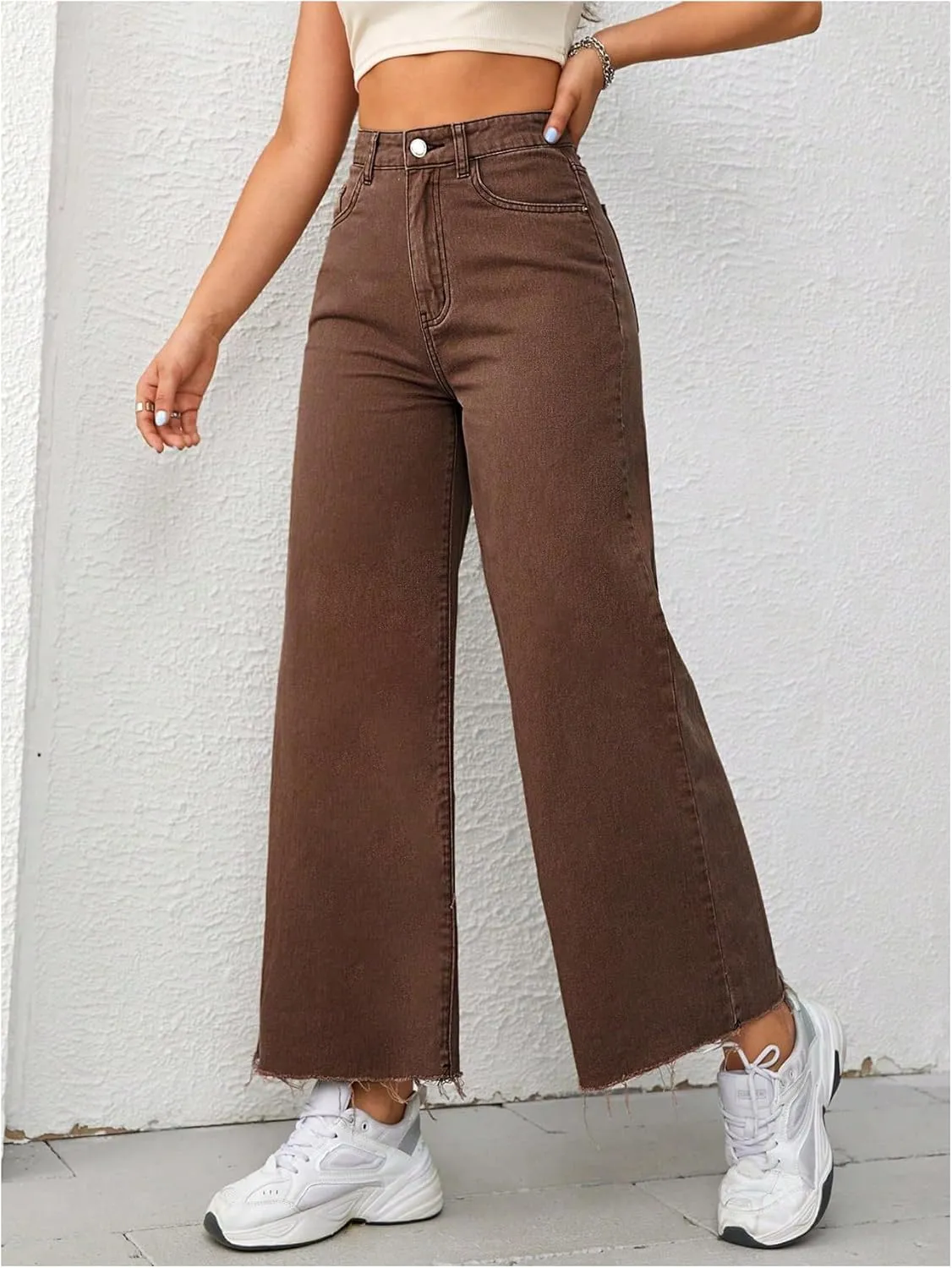 MakeMeChic Women's Denim Raw Wide Leg Trousers Straight Loose Baggy Y2K Jeans with Pocket