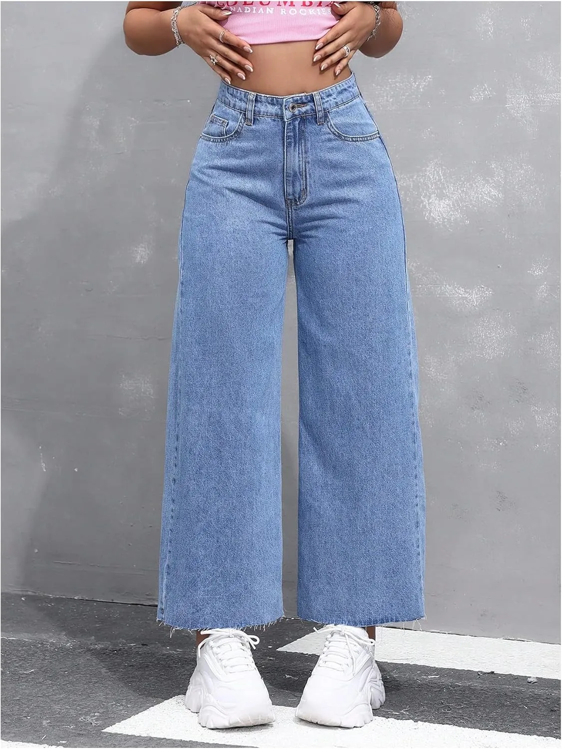 MakeMeChic Women's Denim Raw Wide Leg Trousers Straight Loose Baggy Y2K Jeans with Pocket