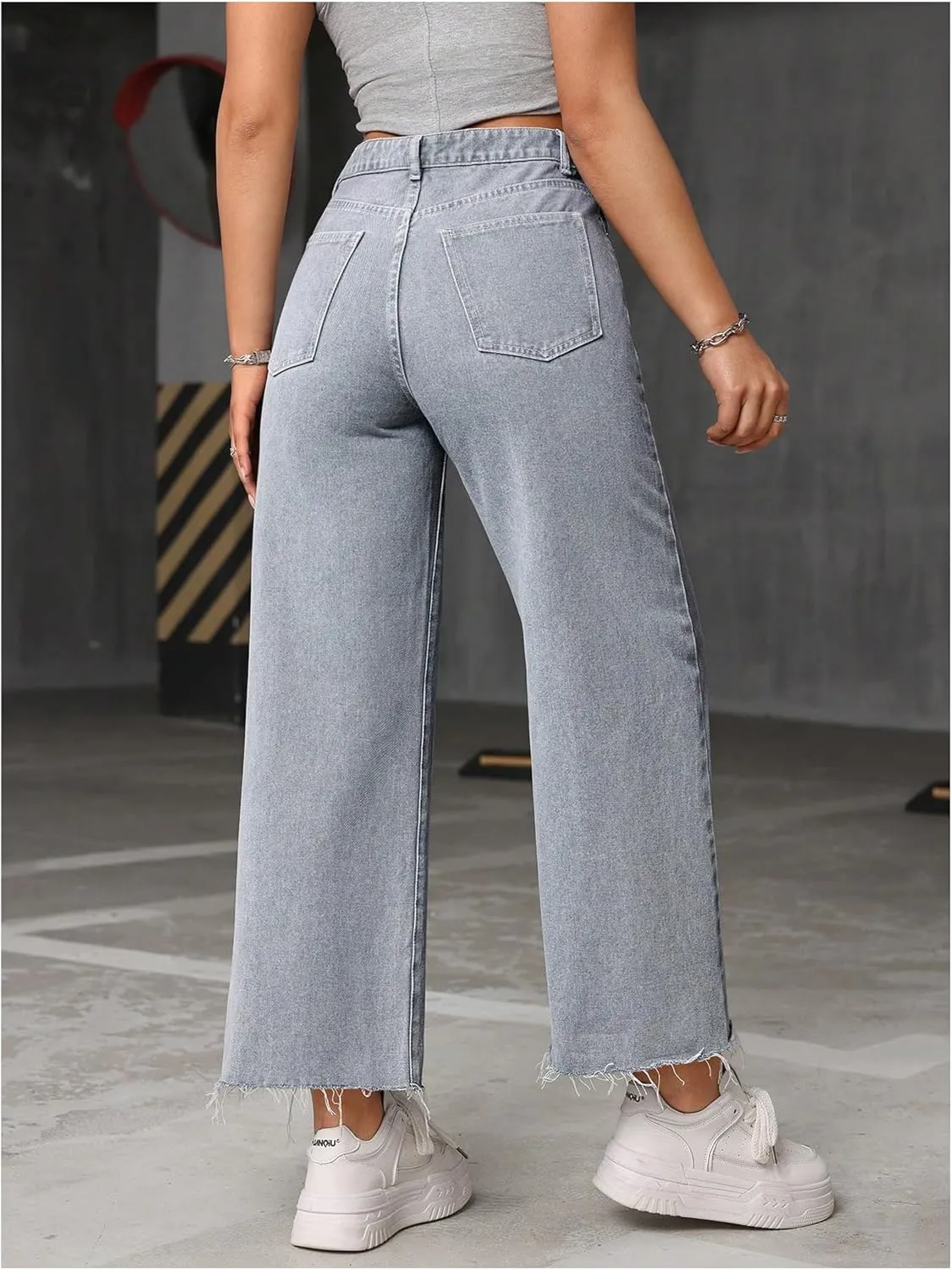 MakeMeChic Women's Denim Raw Wide Leg Trousers Straight Loose Baggy Y2K Jeans with Pocket