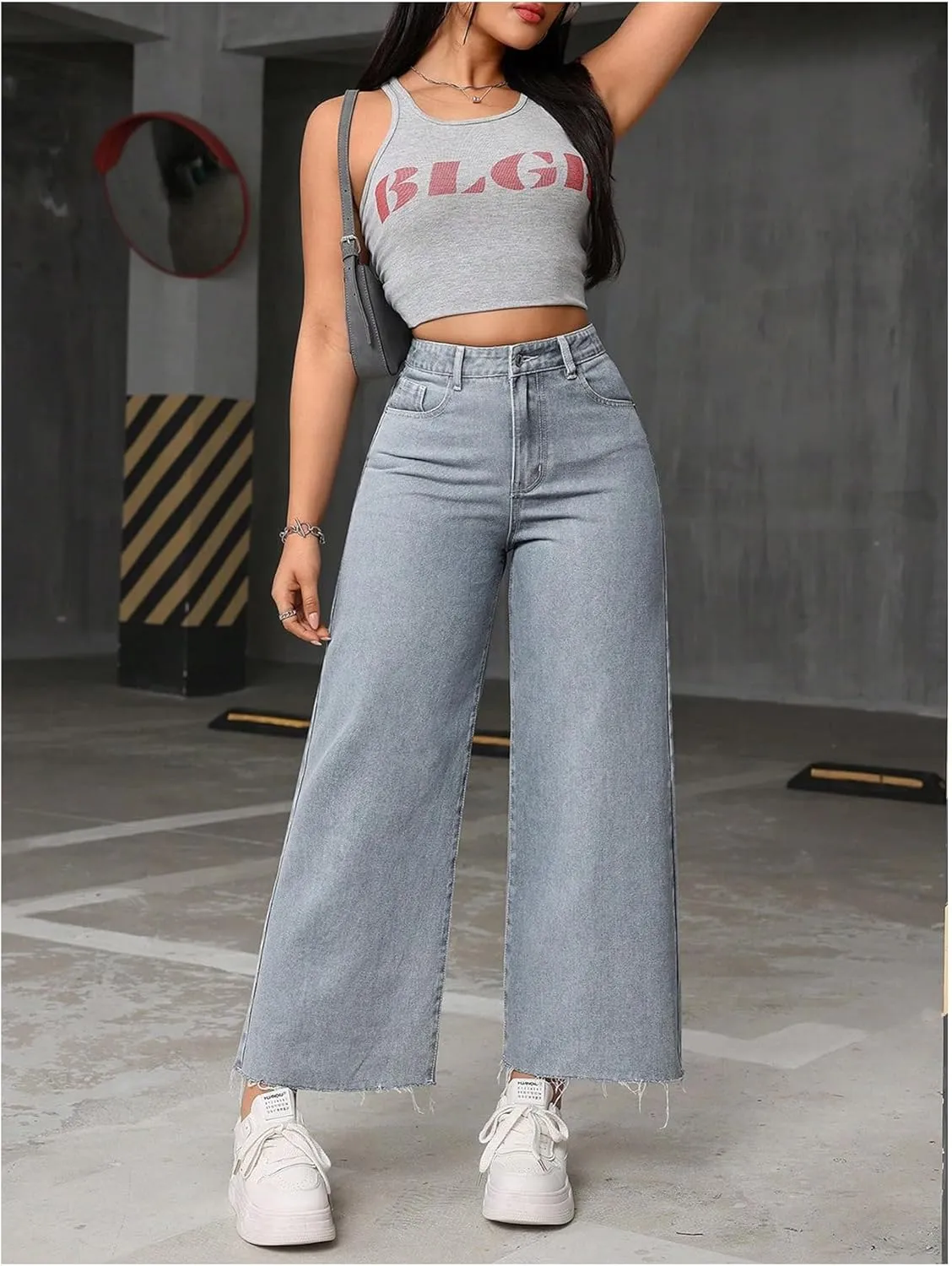 MakeMeChic Women's Denim Raw Wide Leg Trousers Straight Loose Baggy Y2K Jeans with Pocket