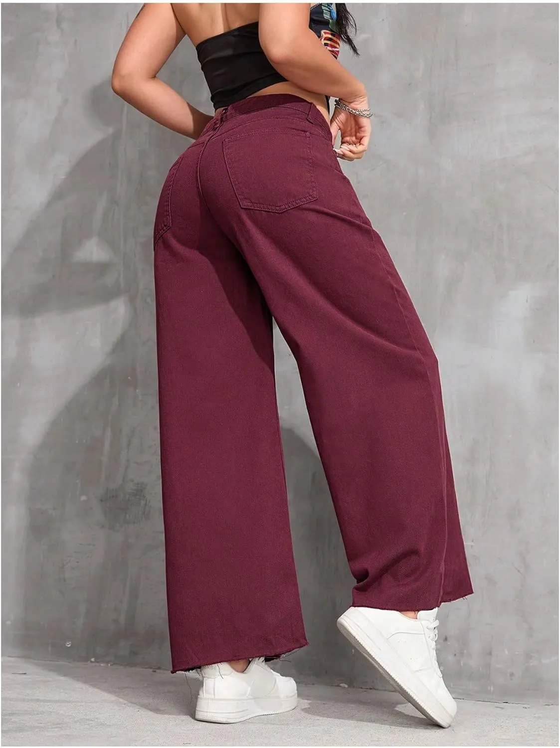 MakeMeChic Women's Denim Raw Wide Leg Trousers Straight Loose Baggy Y2K Jeans with Pocket