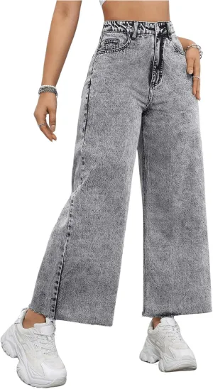 MakeMeChic Women's Denim Raw Wide Leg Trousers Straight Loose Baggy Y2K Jeans with Pocket