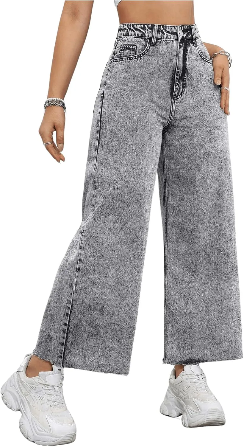MakeMeChic Women's Denim Raw Wide Leg Trousers Straight Loose Baggy Y2K Jeans with Pocket