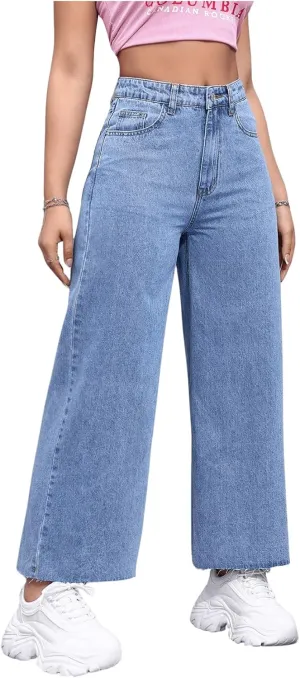 MakeMeChic Women's Denim Raw Wide Leg Trousers Straight Loose Baggy Y2K Jeans with Pocket