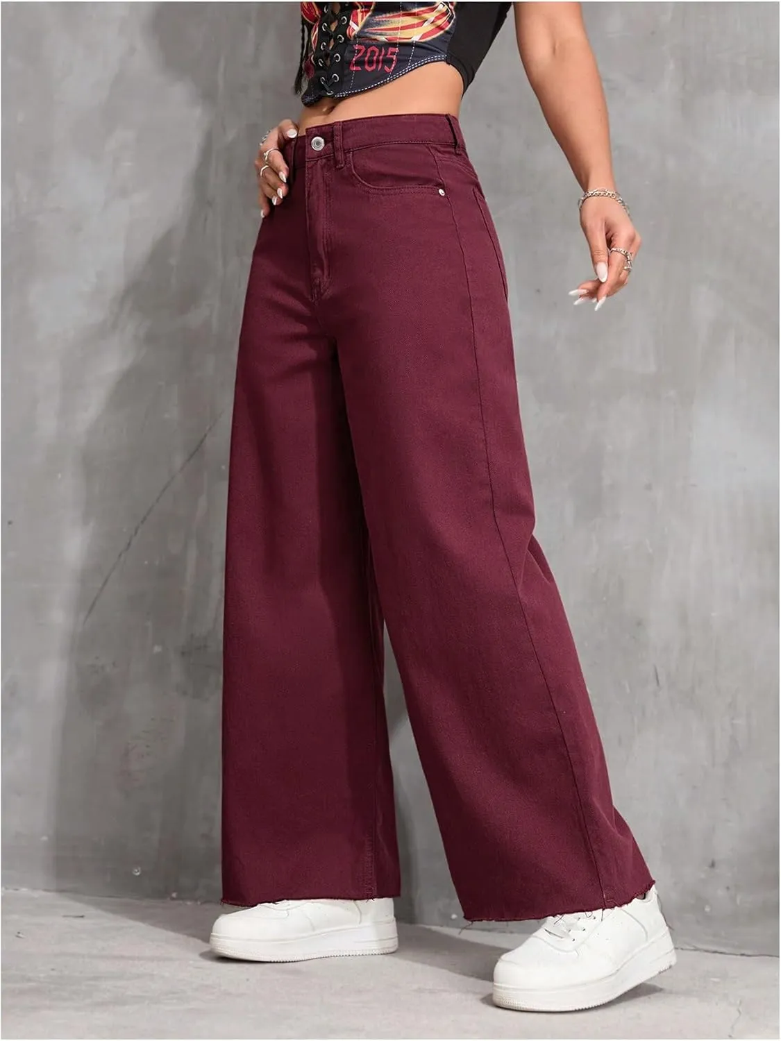 MakeMeChic Women's Denim Raw Wide Leg Trousers Straight Loose Baggy Y2K Jeans with Pocket